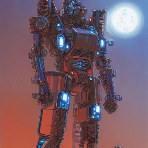 Image similar to arasaka mech, cyberpunk, art by michael whelan, red and blue neon