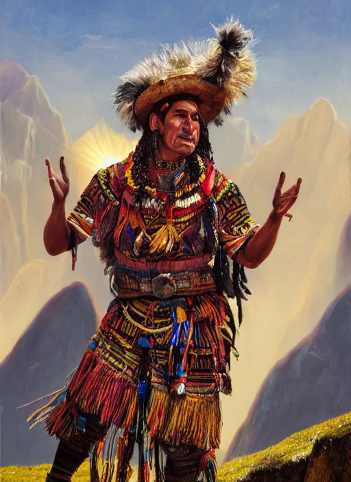 Image similar to a painting of an incan shaman doing a prayer to the sun on the machu picchu with arms up,, matte painting, fantasy art, hyper detailed, concept art