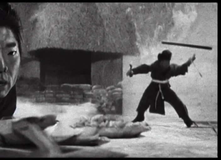 Image similar to a movie still of a samurai slicing through a loaf of bread by Akira Kurosawa