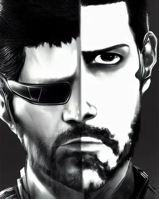 Image similar to portrait of adam jensen, deus ex influence, cyberpunk influence, artstation trending, deviantart, highly detailed, focus, smooth, by hirohiko araki, yoshitaka amano