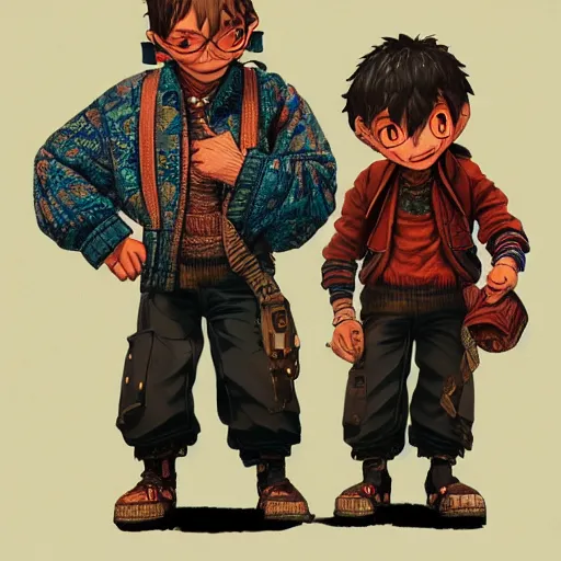 Image similar to rpg character concept art, twin brothers being cute and gangsta, intricate detail, in the style of jamie hewlett killian eng kawase hasui riyoko ikeda, 3 d render, artstation trending, 8 k, octane render, photorealistic, sharp detail, manga, black and white