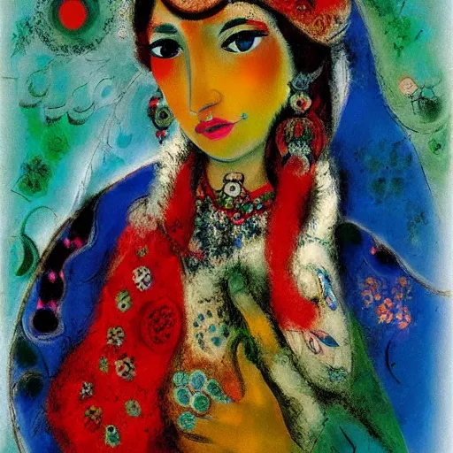 Image similar to portrait of a gipsy women, elegant, highly detailed, digital photography, by chagall,