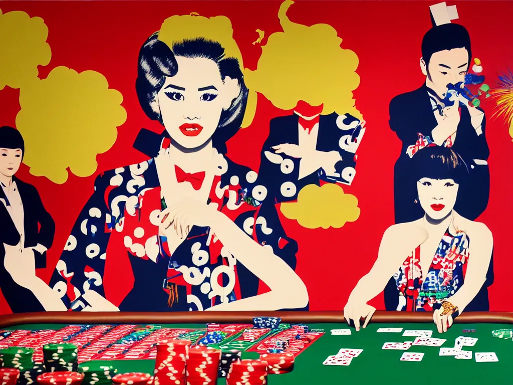 Image similar to hyper - realistic composition of a room in a casino with an extremely detailed poker table, croupier in traditional japanese kimono standing nearby fireworks in the background, pop art style, jackie tsai style, andy warhol style, acrylic on canvas