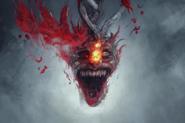 Image similar to painting by greg rutkowski of a flying human head with tears running down it's face face that is chalk white in color, with tentacles coming of the neck, fiery scorching red eyes, flying in a terrying hell like cavernous place