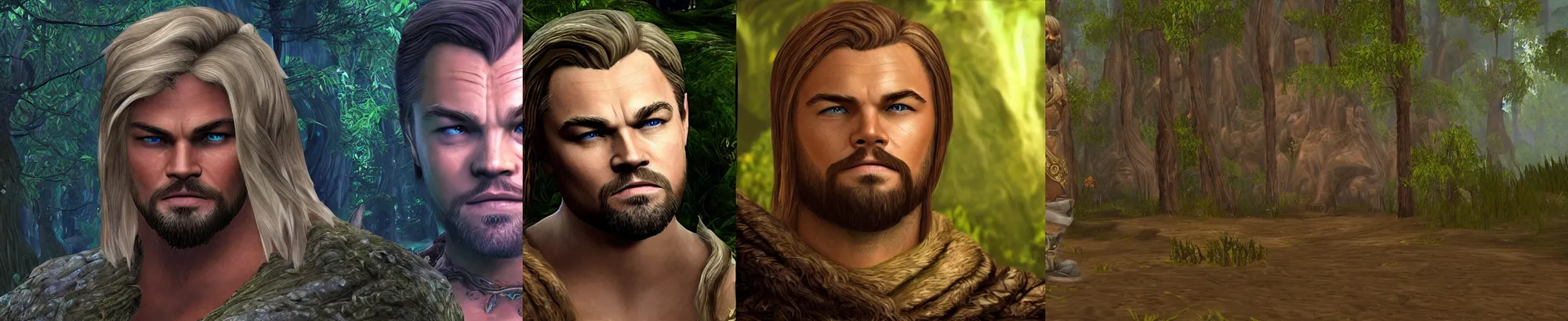 Prompt: middle body picture of alone leonardo dicaprio with blonde hair with fringe sleeping inside world of warcraft elwynn forest, pc screen image.