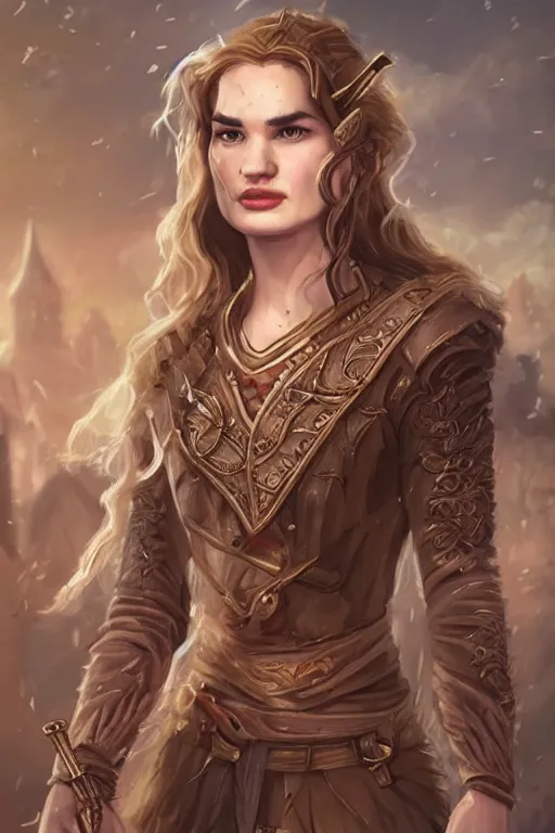Prompt: lily james portrait as a dnd character fantasy art.