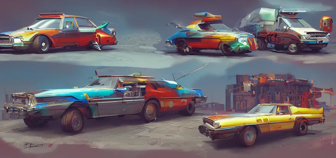 Image similar to retro vehicles concept art, colorful, 8 k photorealistic, hd, high details, trending on artstation