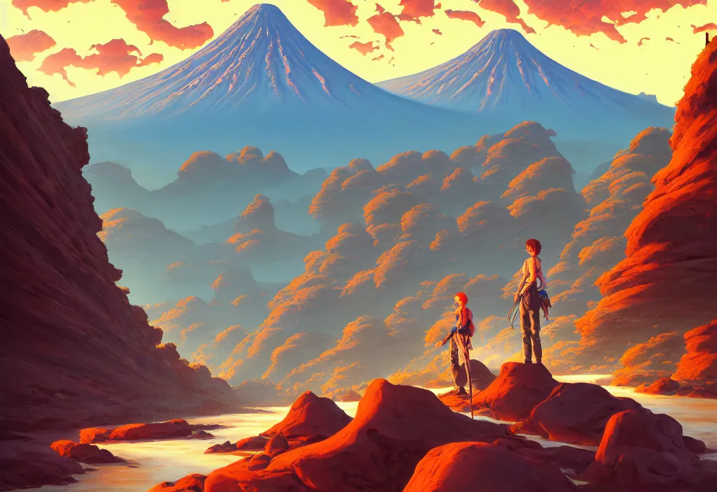 Image similar to dry canyon river with fishbones on the foreground and a volcano in the background, intricate oil painting, high detail illustration, sharp high detail, manga and anime 1 9 9 9, official fanart behance hd artstation by jesper ejsing and makoto shinkai, 4 k,