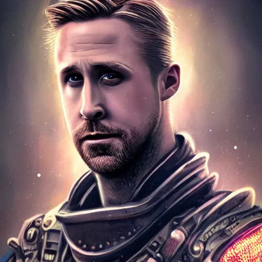 Prompt: ryan gosling portrait, dystopia core, apocalyptic, armor, warrior, dramatic, sharp focus, fiction, neon, fantasy, hyper detailed, digital art, trending in artstation, cinematic lighting, studio quality, smooth render, unreal engine 5 rendered, octane rendered, art style and nixeu and wlop and krenz cushart