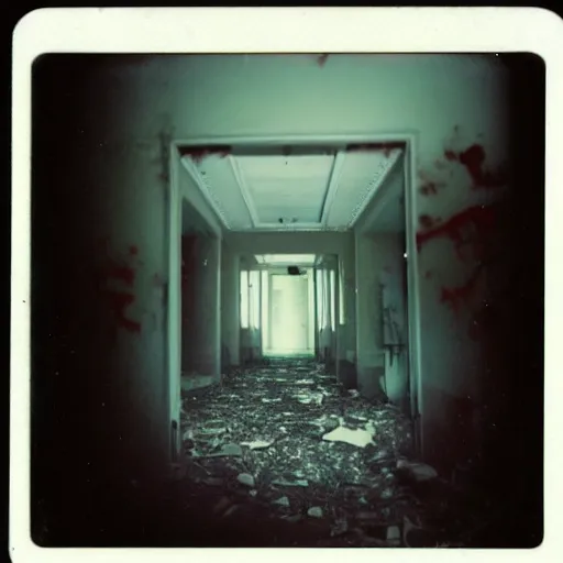 Image similar to polaroid photo of abandoned asylum with ghosts, scary, moody, dark, gloomy, paranoid