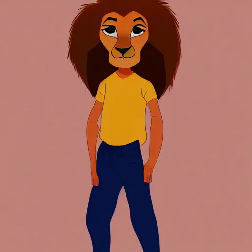 Image similar to a full-height portrait from afar of Simba form the Lion King look like an ordinary human boy with beautiful hear and head, wearing jeans and a white T-shirt, humanisation, digital art style