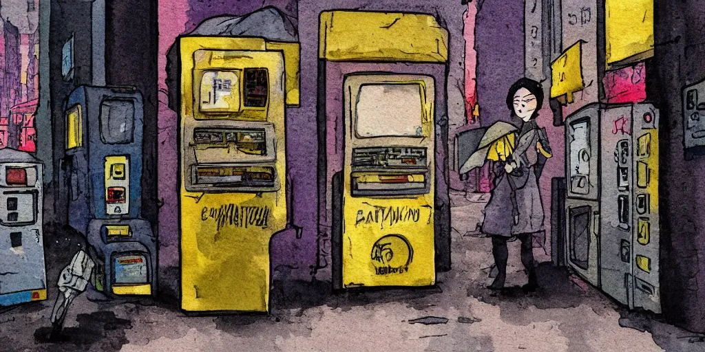 Prompt: ultrawide, simple watercolor of a dusty deserted city, a girl with a parka and a yellow umbrella, broken vending machines, in the style of Ghost in the Shell