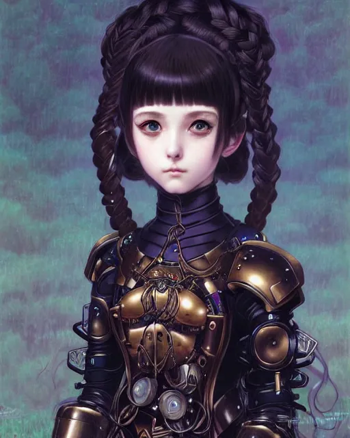 Prompt: portrait of beautiful cute young goth maiden anime girl with braided hair in warhammer mechanical armor, high details, art by ( ( ( kuvshinov ilya ) ) ) and wayne barlowe and gustav klimt and artgerm and wlop and william - adolphe bouguereau