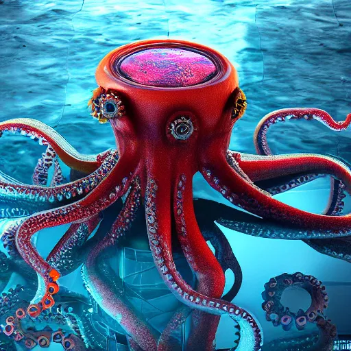 Image similar to robotic octopus, octane render, 4K, realistic reflection