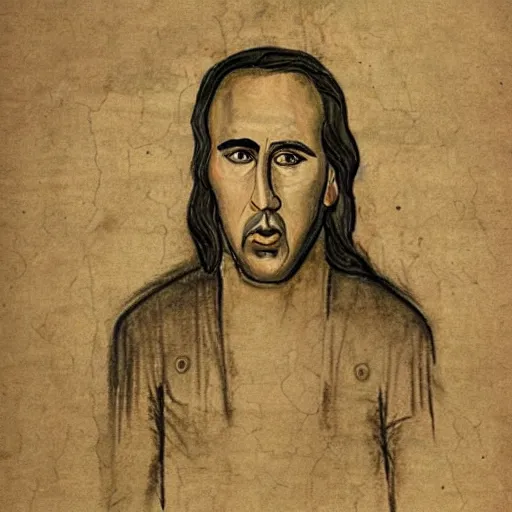 Prompt: an ancient manuscript drawing of nicolas cage