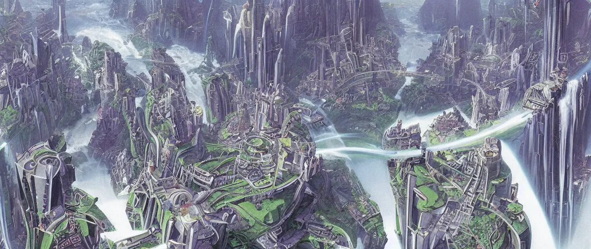 Image similar to A beautiful illustration of a futuristic city of bridges built on a world of waterfalls by Robert McCall and Ralph McQuarrier | sparth:.2 | Time white:.2 | Rodney Matthews:.2 | Graphic Novel, Visual Novel, Colored Pencil, Comic Book:.6 | unreal engine:.3 | | viewed from above | establishing shot:.7