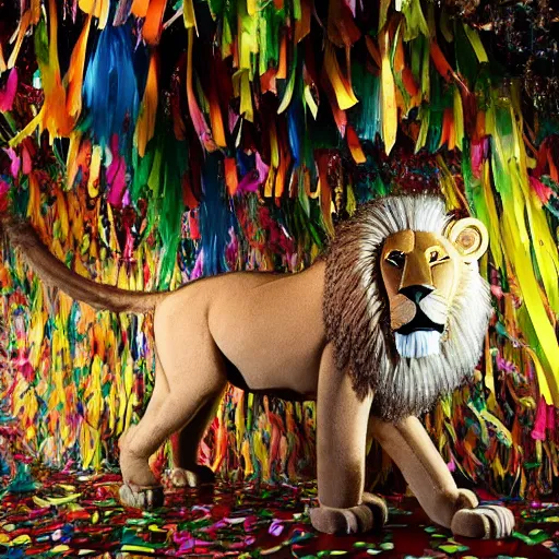 Prompt: long shot lion chasing the dream in the magical forest, lion fur made from party ribbons floating party confetti and balloons , concept art, huge scale, high details, intricate by Dali and James Jean