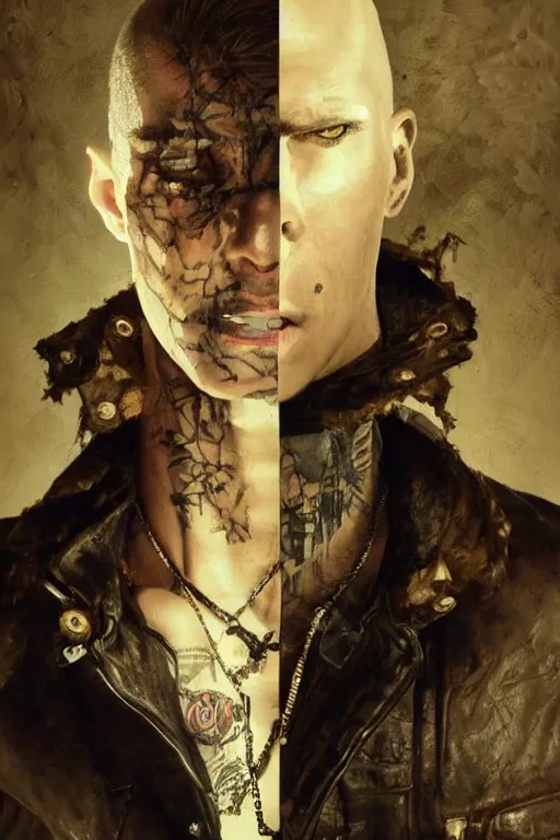 Image similar to an ugly young man, shaved head, punk, tattered leather coat, intricate, elegant, dramatic lighting, highly detailed, lifelike, photorealistic, digital painting, artstation, illustration, concept art, smooth, sharp focus, art by John Collier and Albert Aublet and Krenz Cushart and Artem Demura and Alphonse Mucha