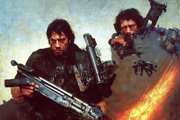 Prompt: portrait of javier bardem as the punisher blasting a hell baron with a shotgun, john berkey, lawrence alma tadema, rick berry, norman rockwell, doom, arstation, greg rutkowski