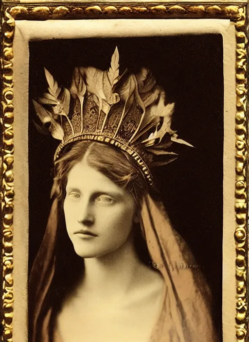 Prompt: portrait of young woman in renaissance dress and renaissance headdress, art by julia margaret cameron