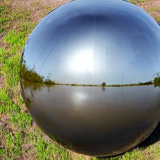 Image similar to a large metallic ball with a mirror finish sits in the florida everglades covered in mud, photorealistic