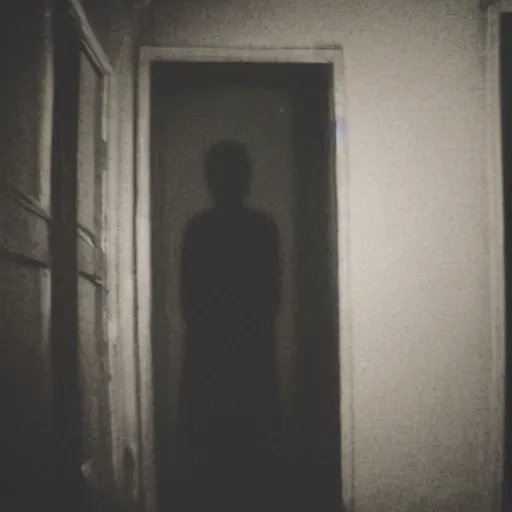 Image similar to terrifying thin man in the corner of a dark room, creepypasta, blurry camera photo
