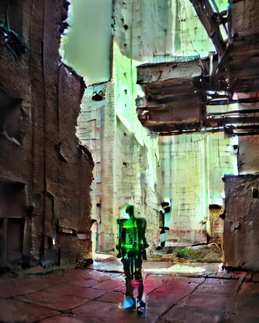 Prompt: hyperrealistic 3d render highly detailed exoskeleton baroque mecha iridescent pink brutalist city ruins background concept art octane santiago caruso de chirico sharp very dramatic green light 8k low angle shallow depth of field