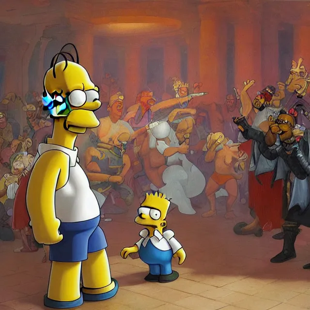 Image similar to homer simpson having a rap battle with julius caesar, elegant, intricate, digital painting, artstation, concept art, smooth, sharp focus, illustration, art by konstantin korovin and daniel f. gerhartz and john howe