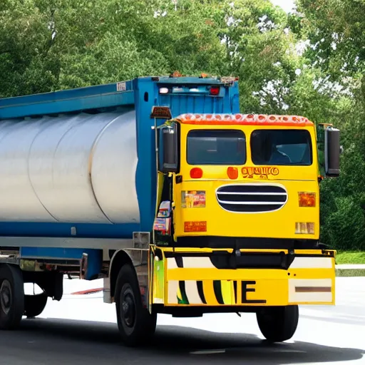 Prompt: A garbage truck riding up a big staircase