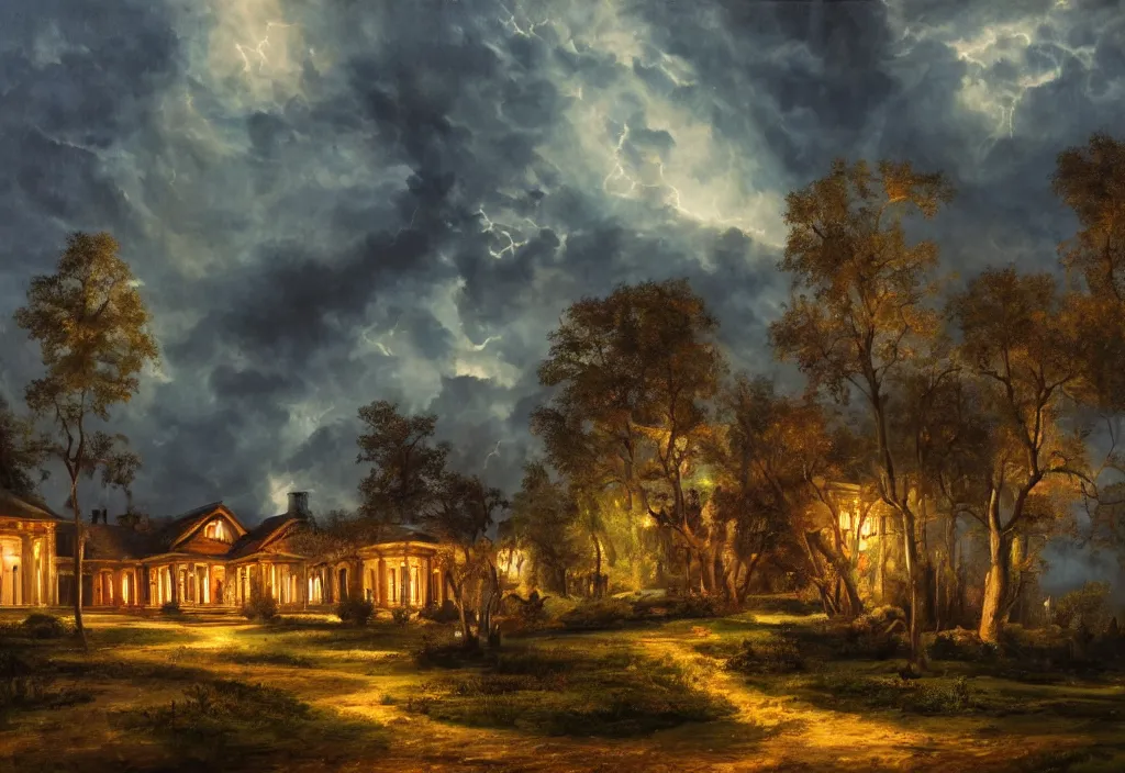 Image similar to rich mansion in the woods, there is lanterns around illuminating the environment, cinematic lightning, dramatic, clouds, sky, the time of day is dusk, highly detailed, oil painting,