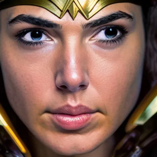 Image similar to Still of Gal Gadot as Wonder Woman, 50% Mediterranean, stunning closeup, 35mm F/1.2