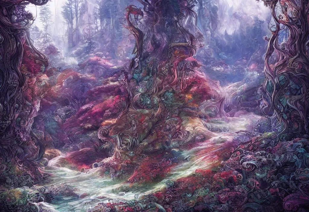 Prompt: mythical fantasy forest, flowing river, artwork by android jones and loish, smooth lighting, wallpaper