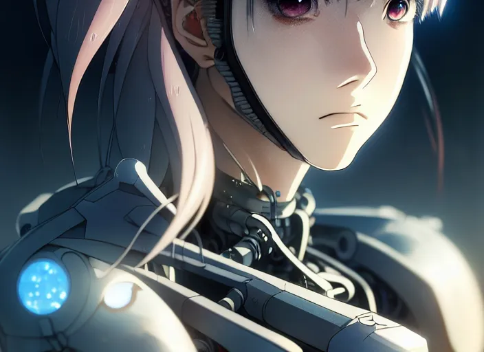 Image similar to a anime portrait of a cyborg woman!! finely detailed features, closeup at the face, sharp focus, perfect art, night - time city background, cinematic lighting, highly detailed, intricate, anime!! artstation, trending on pixiv fanbox, painted by greg rutkowski, studio ghibli, yoji shinkawa, hayao miyazaki,