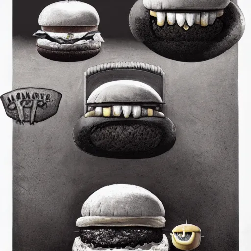 Prompt: a monster with a hamburger head, hamburger face, burger with human eyes in top bun, burger with a mouth, teeth between bread and patty, character concept art, fantasy, dnd, intricate, fantasy drawing, illustration, highly detailed, hyperrealistic, cgsociety, artstation, oil painting by greg rutkowski and david lynch