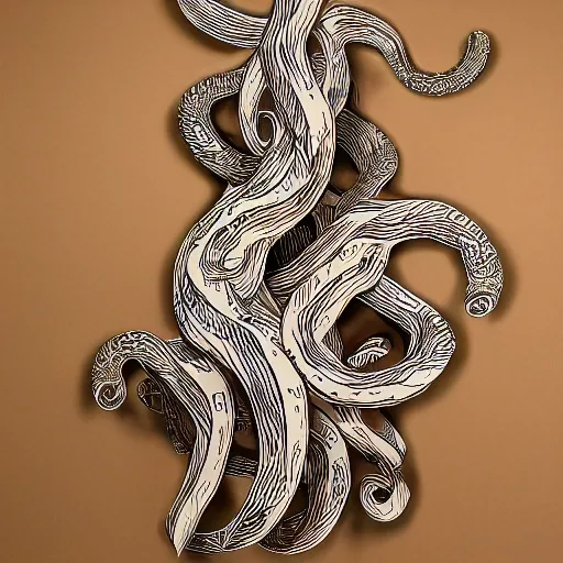 Image similar to cardboard cutout of tentacles, cut out of corrugated cardboard, realistic, cardboard cutout, flat, hyperrealistic photography