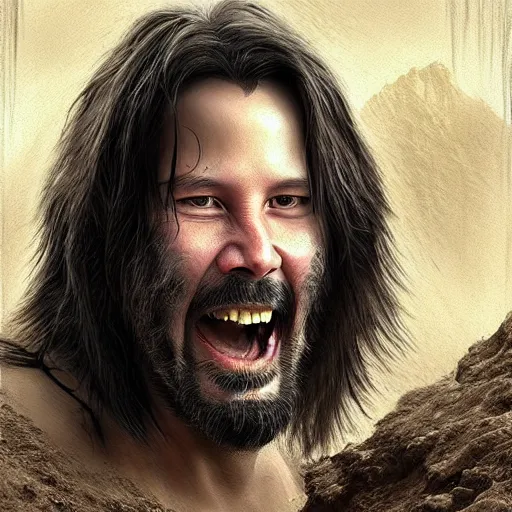Image similar to keanu reeves as a cave man , digital art , hyperdetailed , trending on artstation , matte painting , CGSociety , pinterest