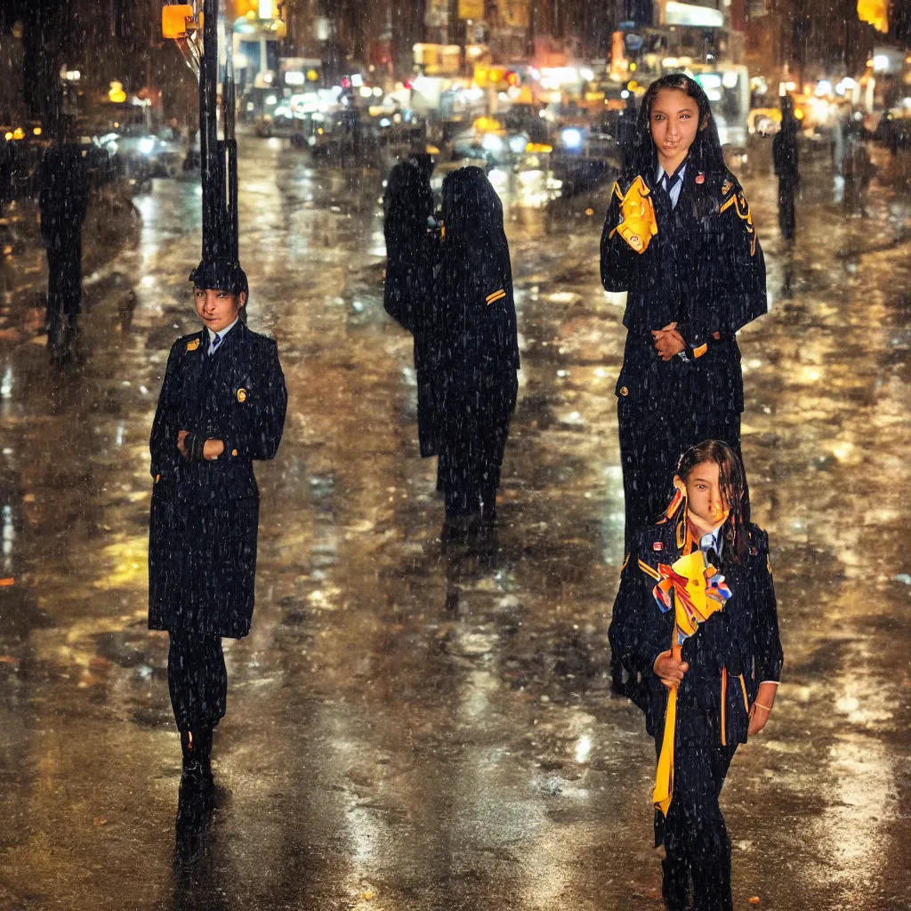 Image similar to night flash portrait photography of a high school girl in uniform on the lower east side by annie leibovitz, colorful, nighttime!, raining!