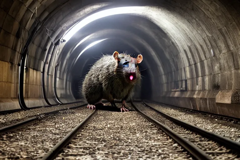 Image similar to very large giant mutant zombie irradiated ( angry rat ) staying on railways in tonnel of moscow subway. giant angry rat. 4 k, very realistic. extreme long shot, low dark light, scary mood, ( anish kapoor, herman nitsch ).