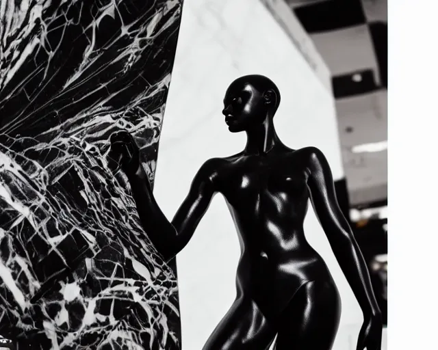 Image similar to extremely beautiful female black marble statue in the style of virgil abloh, colorful motocross logos behind her, sharp focus, clear, detailed,, cinematic, detailed, off white, glamourous, symmetrical, vogue, editorial, fashion, magazine shoot, glossy