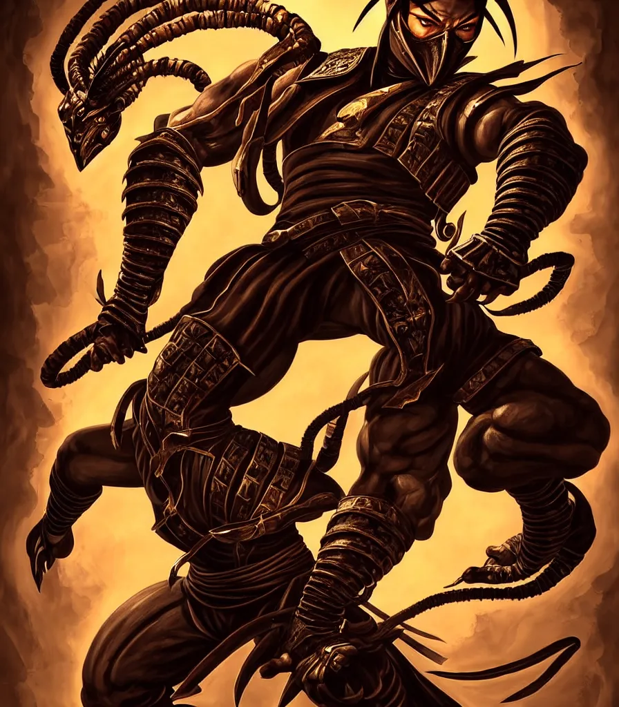 Image similar to portrait of hanzo hasashi scorpion from mortal kombat in the gates of a portal, full body shot, camera pulled back far, highly detailed dramatic lighting, artstation, atmospheric perspective, artgerm, mk ninja, epic ninja suit, intense contrast, 3 light sources, by lee bermejo, alphonse mucha and greg rutkowski