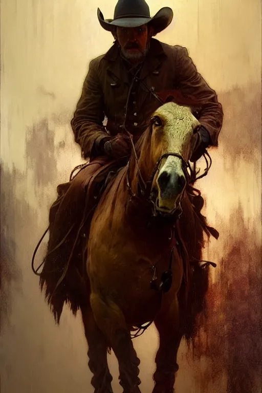 Image similar to hyperrealist portrait of a cowboy driving a stage coach by jeremy mann and alphonse mucha, fantasy art, photo realistic, dynamic lighting, artstation, poster, volumetric lighting, very detailed faces, hdr, high dynamic range, 4 k, award winning