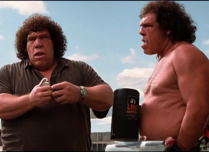 Prompt: film still of Andre the Giant eating a can of beans in the new Lethal Weapon movie, 4k