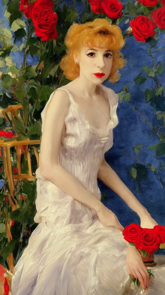 Image similar to portrait of young julee cruise in detailed golden sleeve balloon dress beside a pot of red roses, a persian blue detailed curtain in back painted by john singer sargent