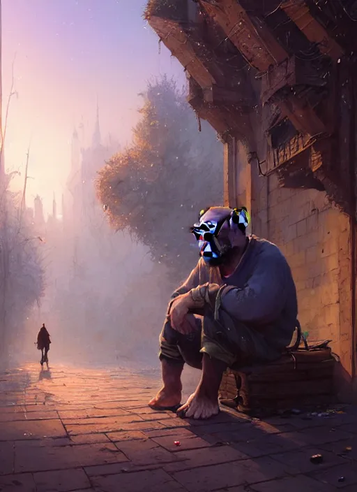 Image similar to Highly detailed portrait of homeless and beaten up Shrek, Stephen Bliss, unreal engine, fantasy art by Greg Rutkowski, Loish, Rhads, ferdinand knab, Makoto Shinkai and Lois van baarle, ilya kuvshinov, rossdraws, Tom Bagshaw, global illumination, radiant light, detailed and intricate environment