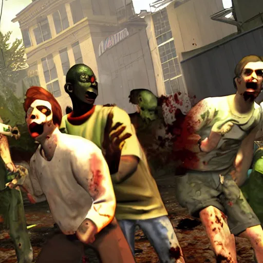 Prompt: michael cera in left 4 dead 2, hd screenshot, group photo, zombies in background