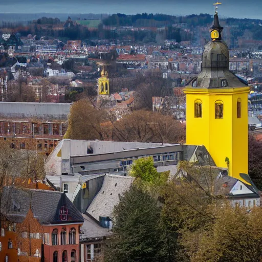 Image similar to a large yellow building with a steeple on top of it, a flemish baroque by karl stauffer - bern, unsplash, heidelberg school, panorama, wimmelbilder, on a hill, sadness, dark ambiance, by banksy