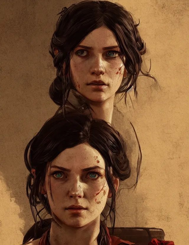 Image similar to close face portrait of a young female waitress as red dead redemption 2 concept art, art by ryo shiotani and greg rutkowski, intricate, beautiful, cute, cinematic lighting, vintage art by serge ivanoff, high resolution, very detailed