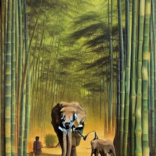 Image similar to an elephant walking through a tall bamboo forest, oil painting by hiroshi yoshida