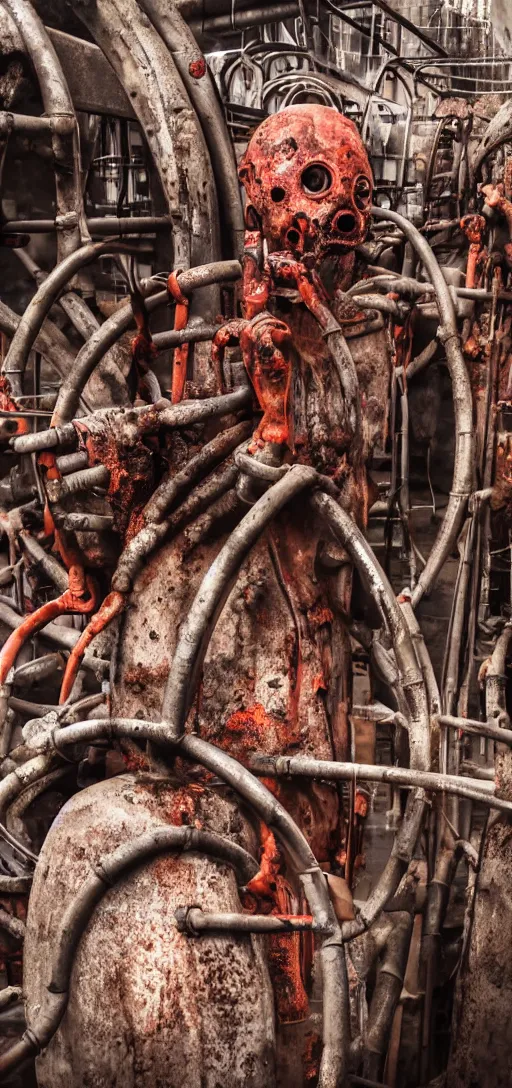 Image similar to body horror of human being consumed by machinery and rusty pipes and wires, scary, horror, 4K, disturbing, weird,