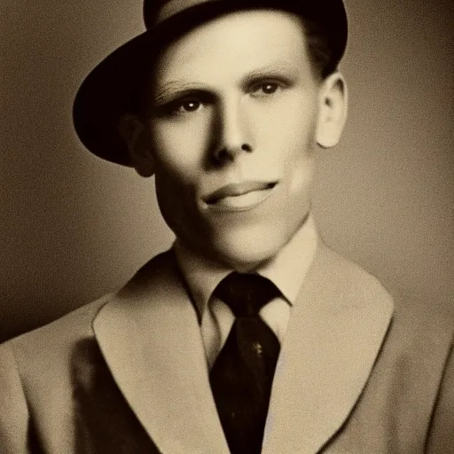 Image similar to A photograph portrait of Jerma985 wearing a suit with and fedora in the 1940s, taken in the early 1940s, grainy, taken on a 940s Kodak Camera, realistic, hyperrealistic, very realistic, highly detailed, very detailed, extremely detailed, detailed, digital art, trending on artstation